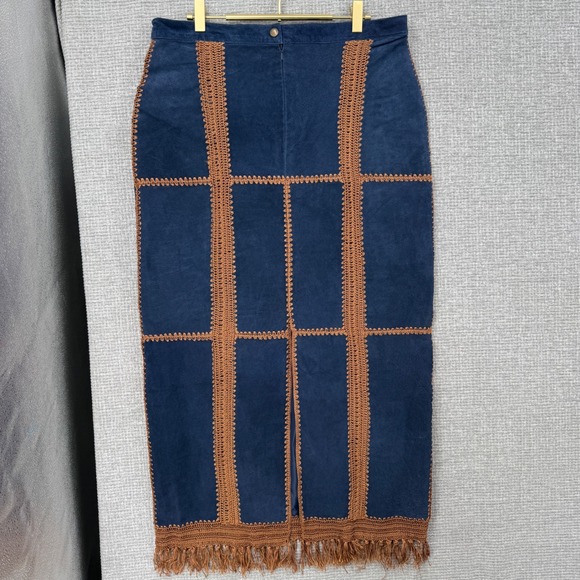 Vintage Lew Magram Suede Skirt Set Women 14 Blue Crochet Fringe Boho Western - Picture 10 of 16